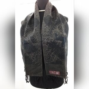 Vtg Share' Lyon New York Wool Fringed Scarf 52x12in TROPICAL W/ ELEPHANTS 🐘.